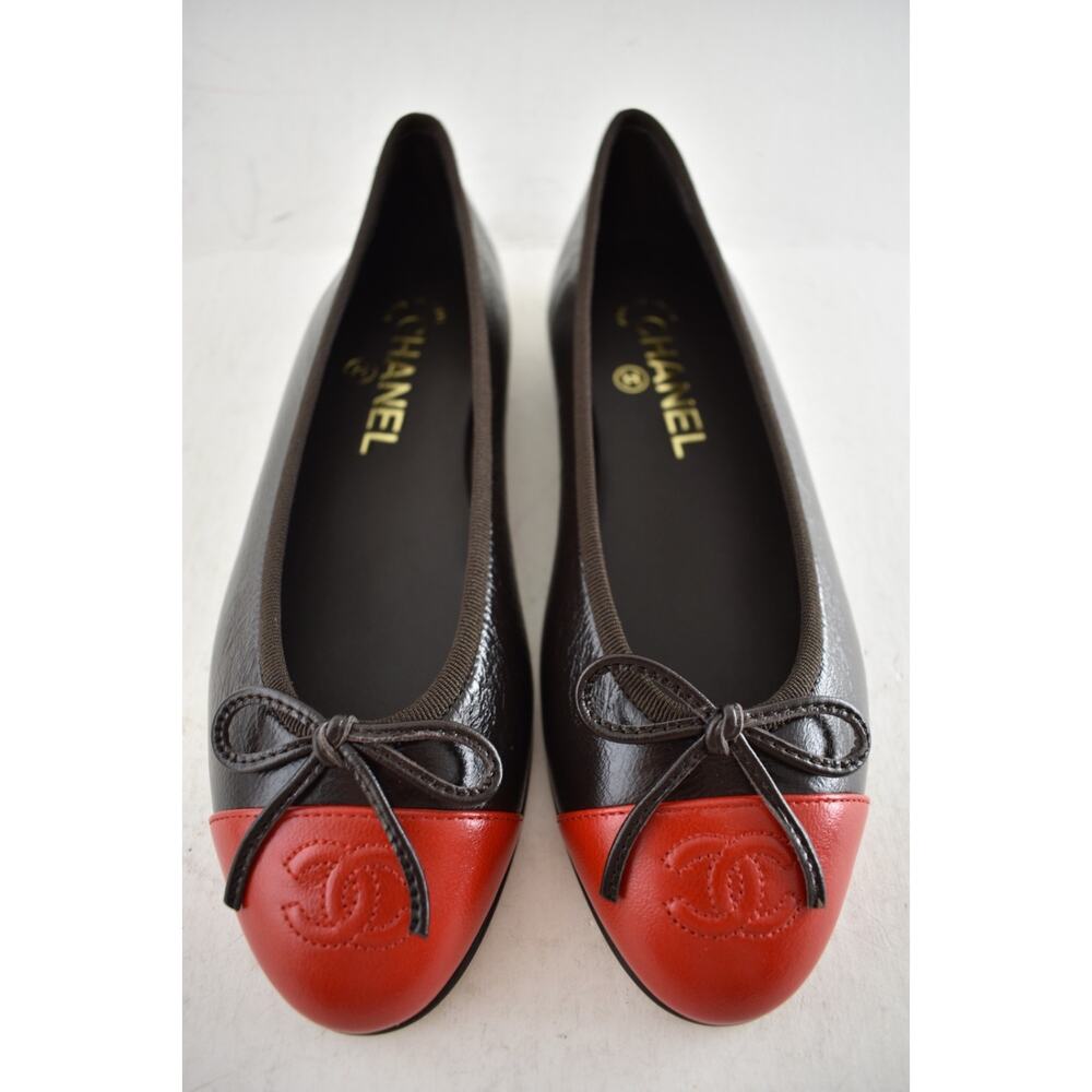Chanel 26S Dark Brown Red Leather CC Logo Cap Classic Ballet Ballerina Flat 38.5 - Picture 15 of 16